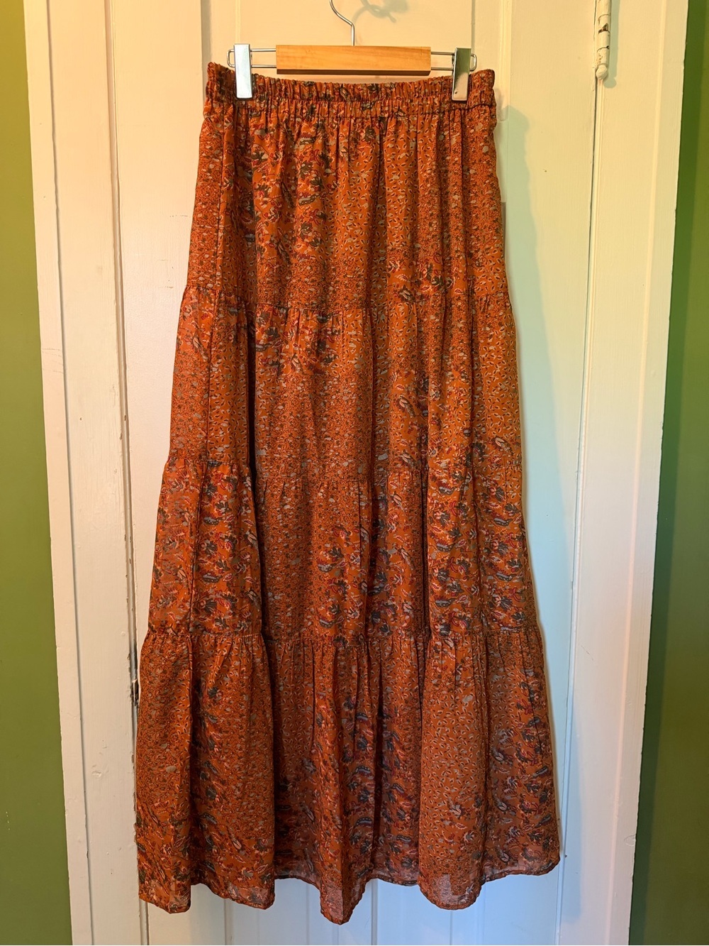 Elan Rust Orange Floral Tiered Maxi Boho Skirt